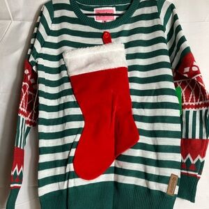 Tipsy Elves Green and Red Striped Sweater with Stocking